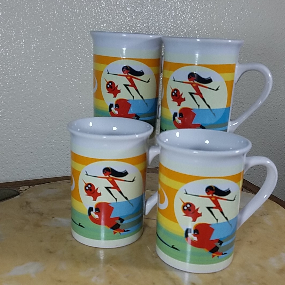 Disney White Yellow Blue Green Orange The Incredibles Character Mugs - Set of 4